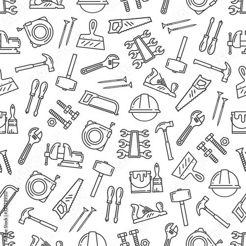 Tool pattern, construction hardware and repair instruments. Vector seamless background of renovation and building tools, hammer, paintbrush, ruler and carpentry saw, drill and screwdriver pattern