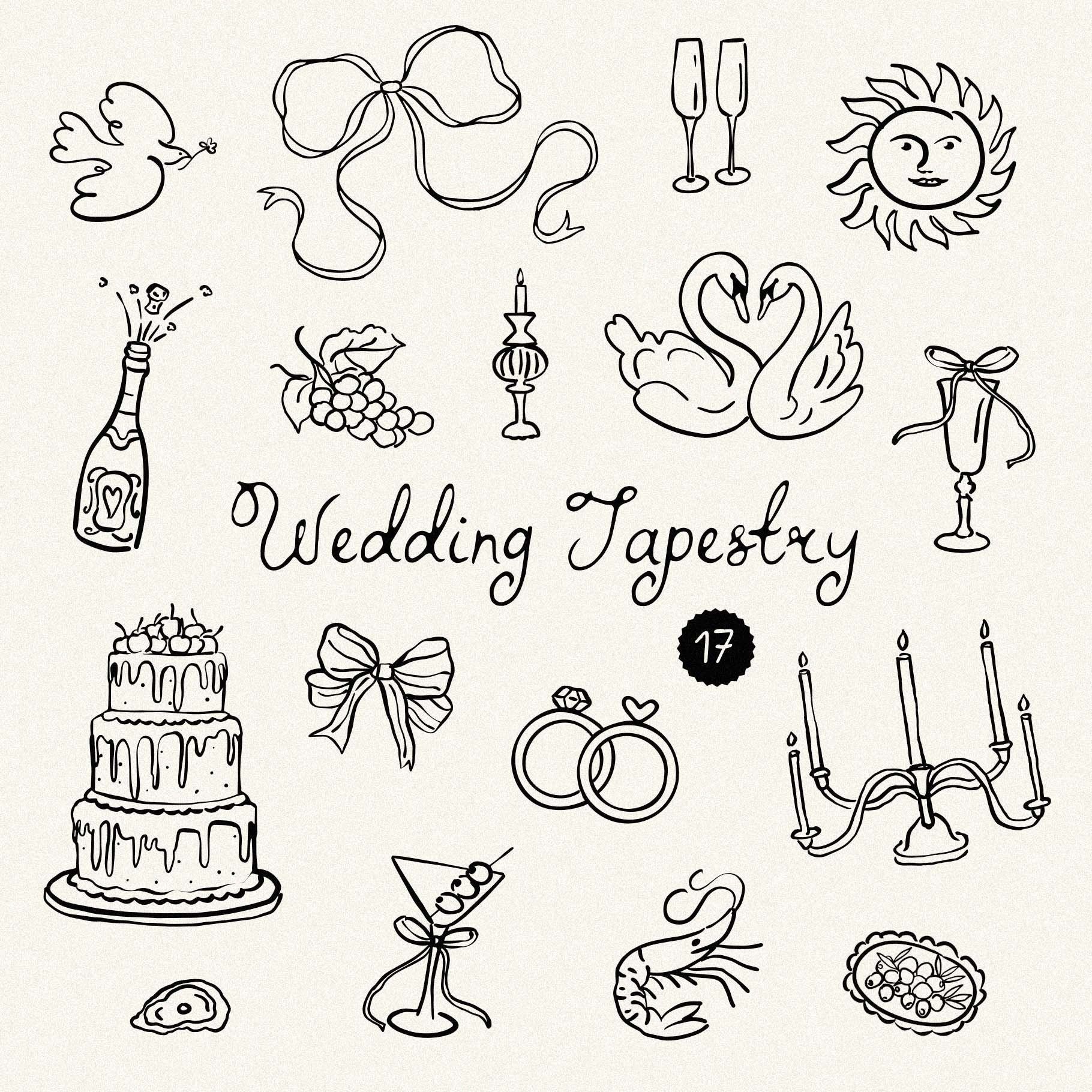 Icônes de tapisserie de mariage fantaisistes dessinées à la main, mariage SVG Clipart ensemble d’illustrations, icônes pour faire-part de mariage et modèles, griffonnages