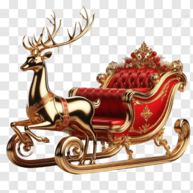 a golden sleigh with red seat pulled by deer a golden sleigh with a red seat pulled by a