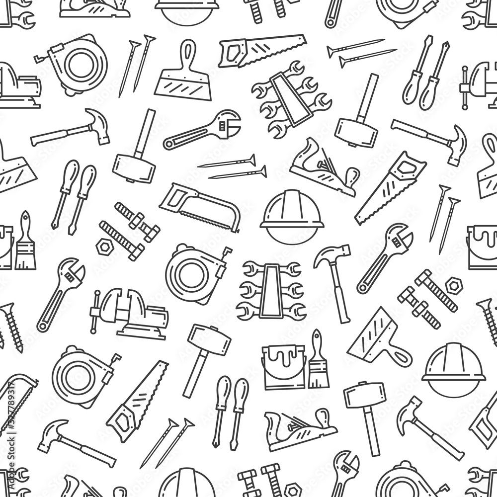 Tool pattern, construction hardware and repair instruments. Vector seamless background of renovation and building tools, hammer, paintbrush, ruler and carpentry saw, drill and screwdriver pattern Stock Vector | Adobe Stock