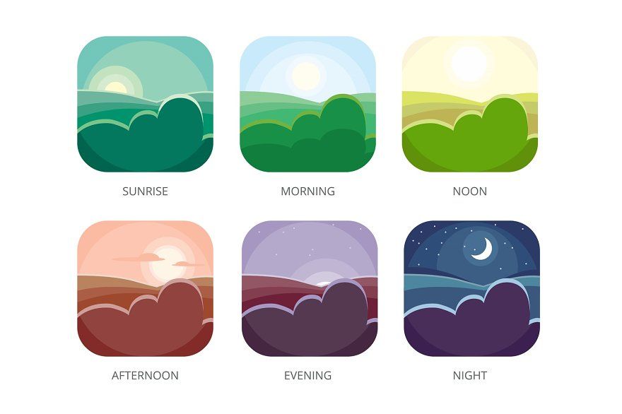 Visualization of various times of day. Morning, noon and night. Flat style vector illustrations