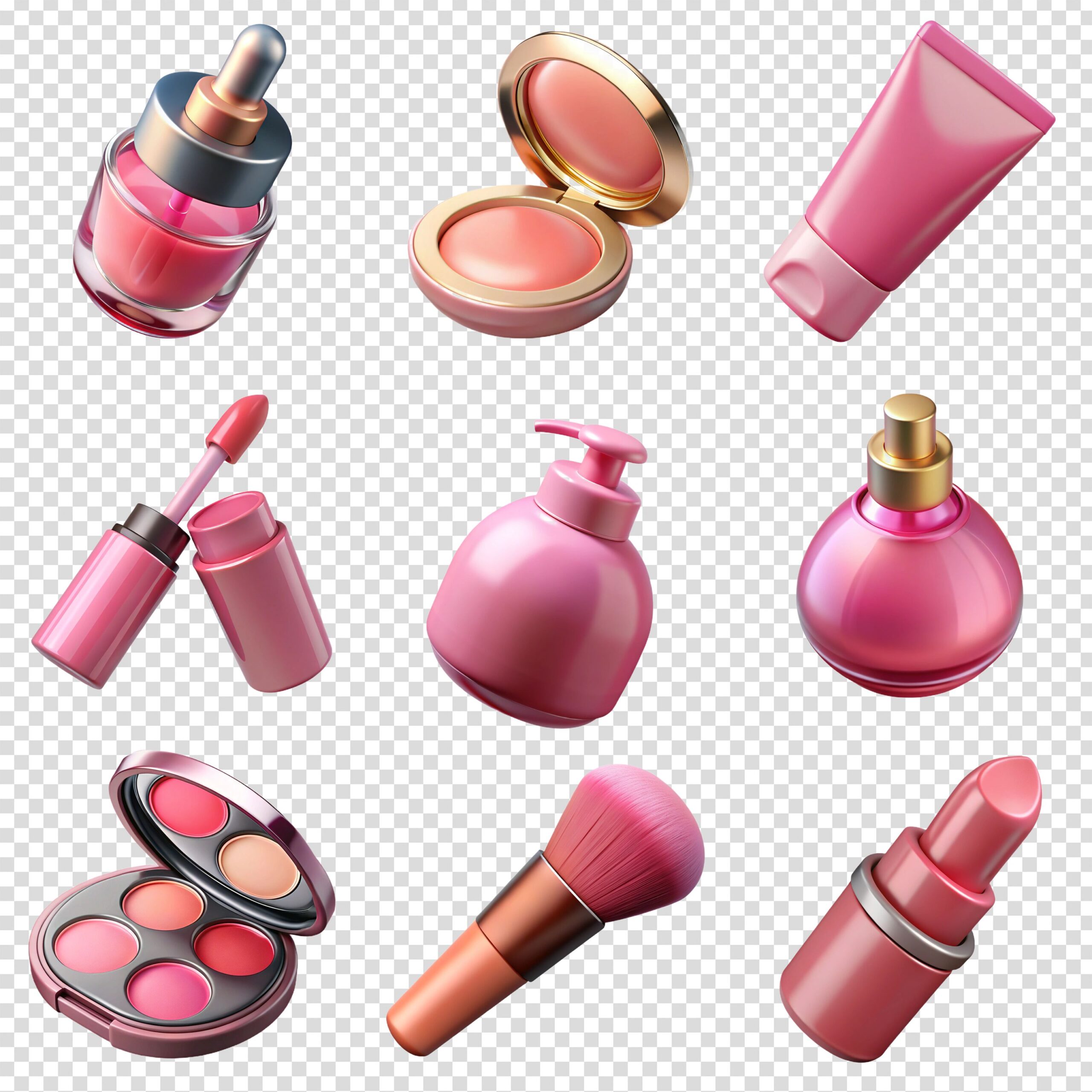 Collection of different makeup and cosmetics products including lipstick cream perfume eye shadow