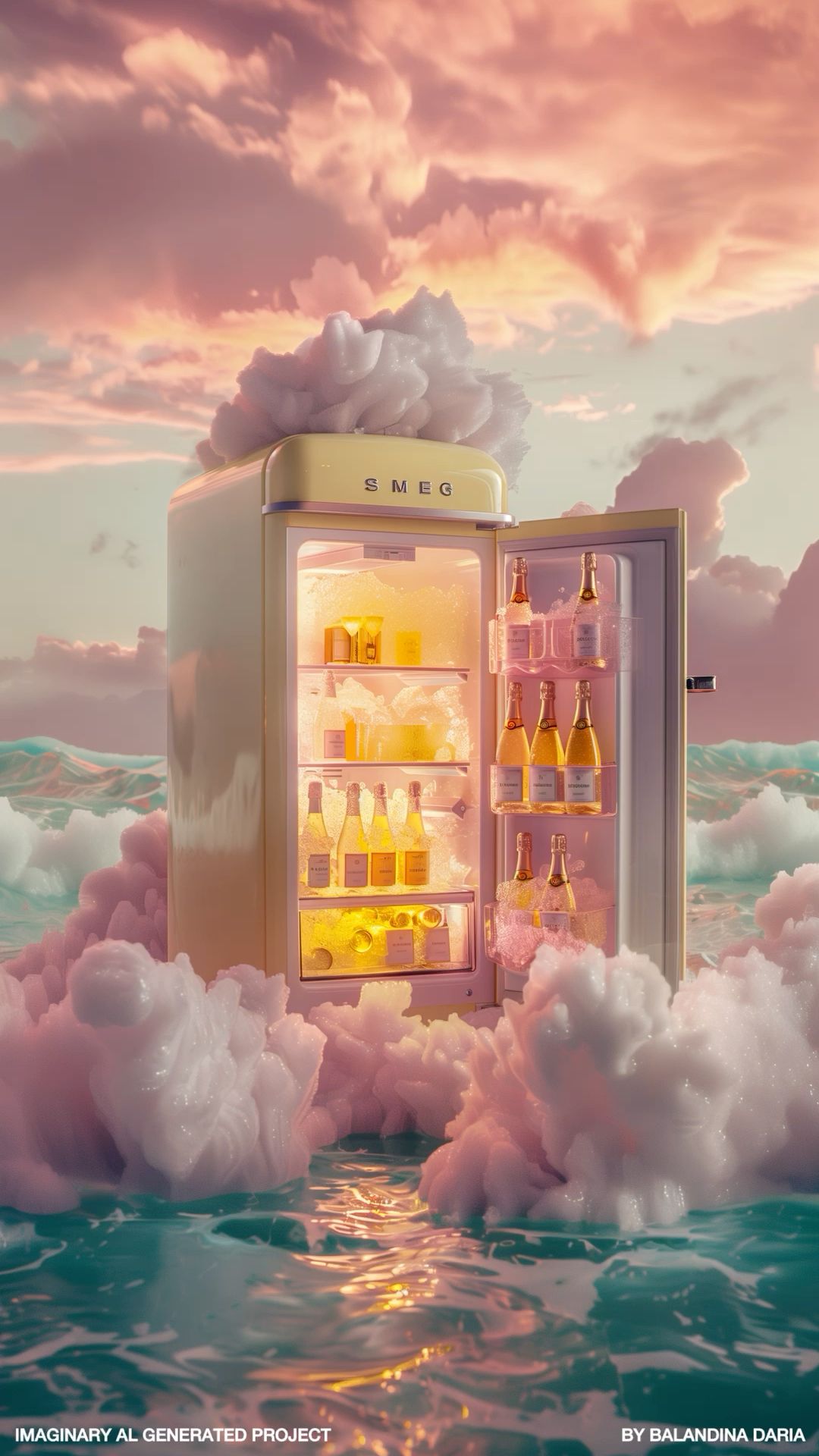 Розовый закат/ пастельные цвета/ холодильник в море/ техника SMEG/ Al generated project
