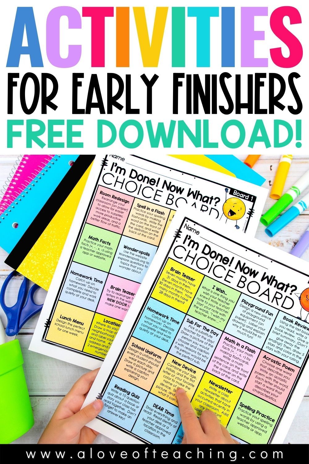 Free Early Finishers Activities and Monthly Choice Boards