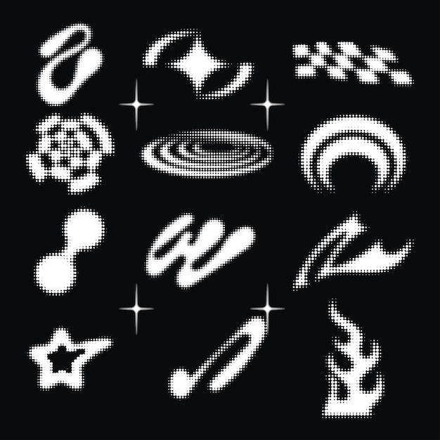 Y2k dotted halftone icons collection of abstract pixelated shapes retro vector symbol set | Premium Vector