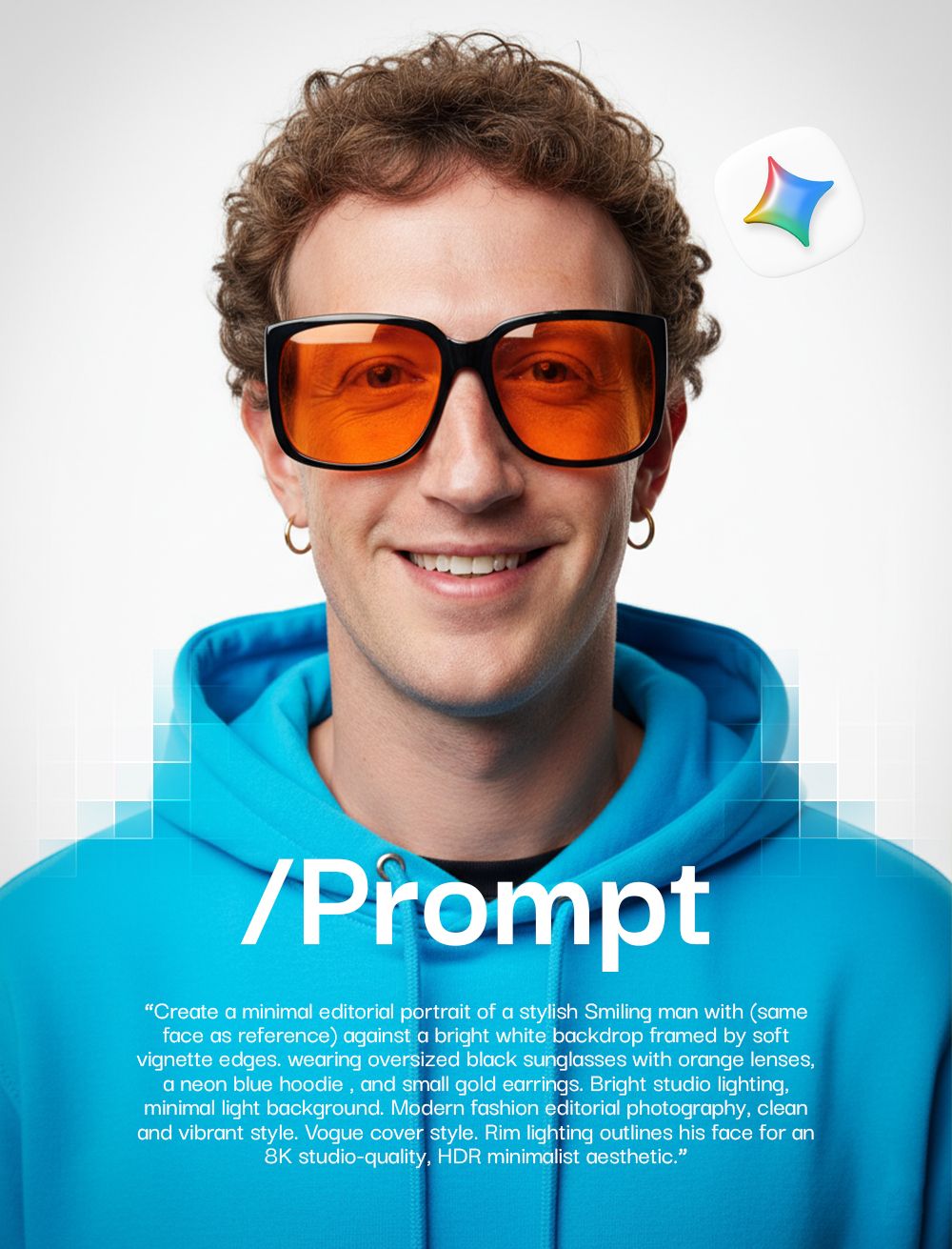 Vogue Cover Style AI Prompt: Neon Hoodie, Orange Lenses, and 8K HDR Portrait