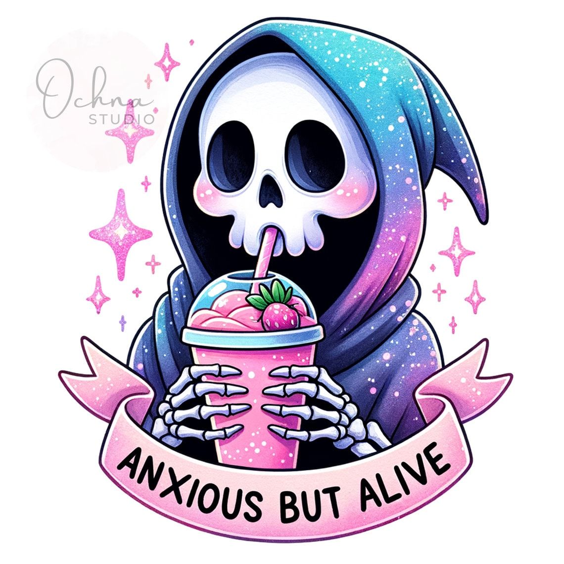 Anxieux mais vivant PNG, Faucheuse, café glacé Png, Snarky squelette Png, anxieux mais vivant, conception de sublimation de chemise, téléchargement numérique PNG