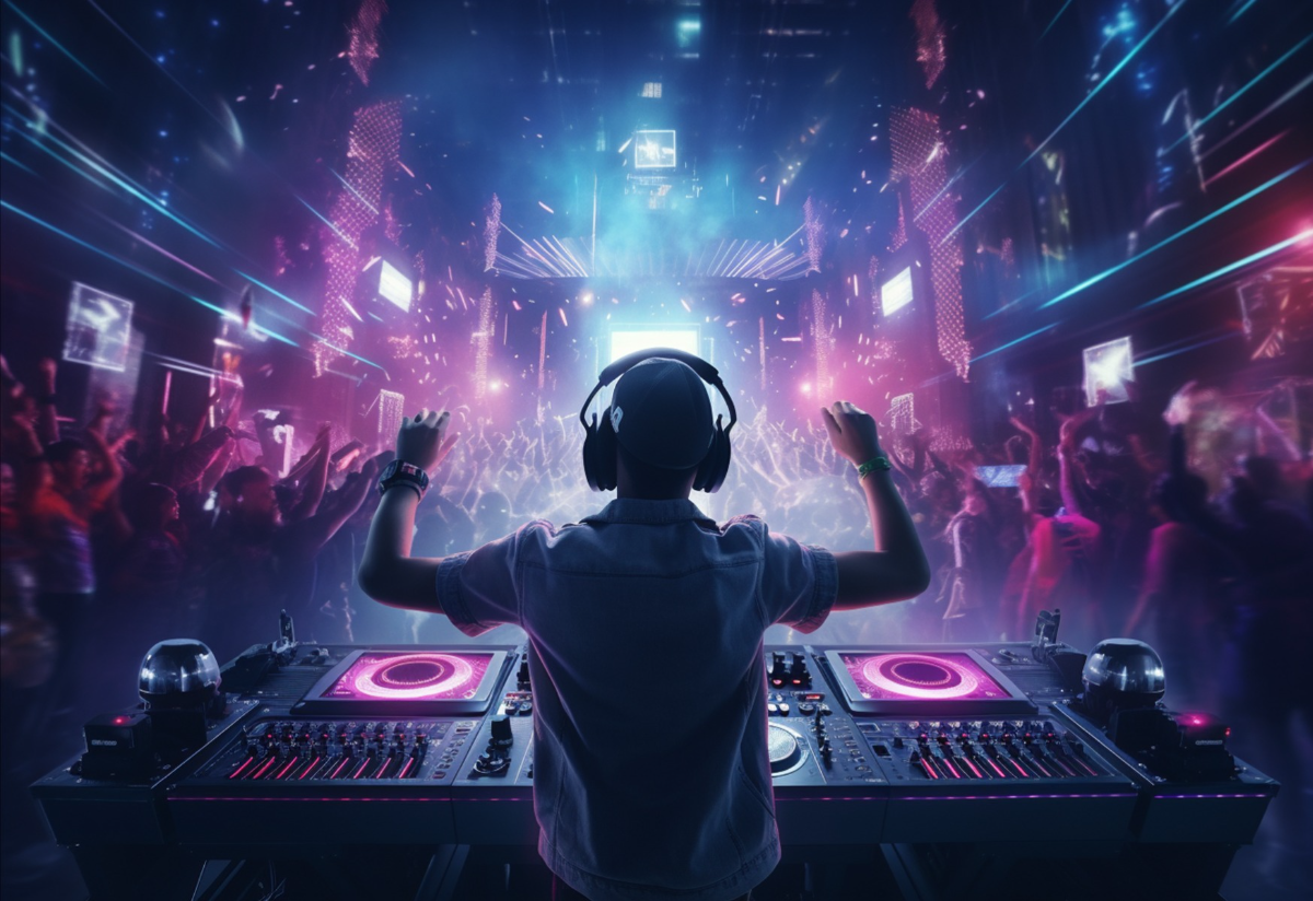 Download Free DJ playing and mixing music in club party at night with crowd of people