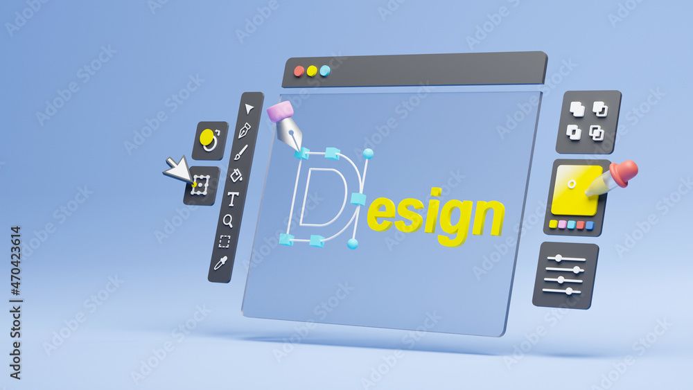 Graphic designer creative creator design logo artwork curve pen tool illustration equipment icons digital computer display workspace. Graphic design software. 3d rendering. Stock Illustration | Adobe Stock