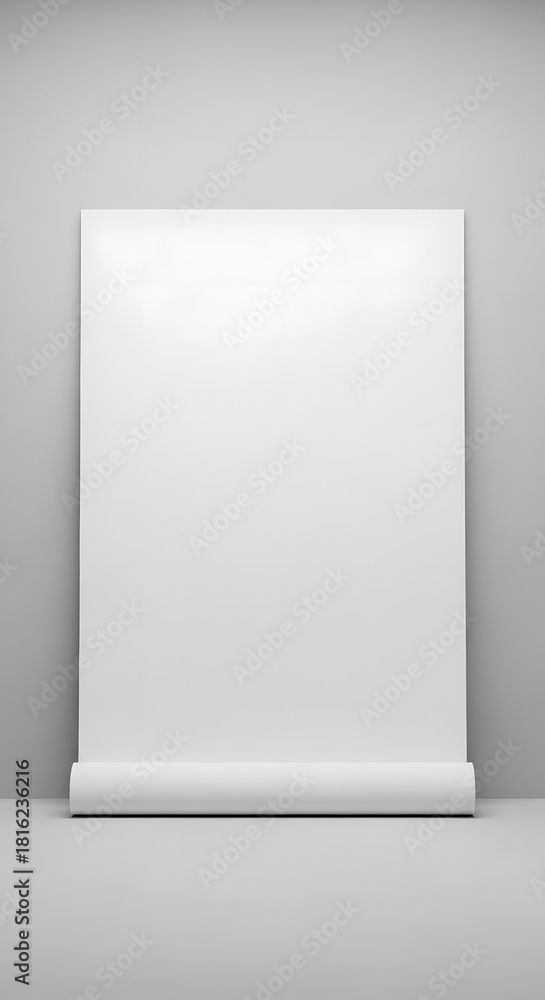 Blank white paper roll on a gray surface, ready fortext or images.