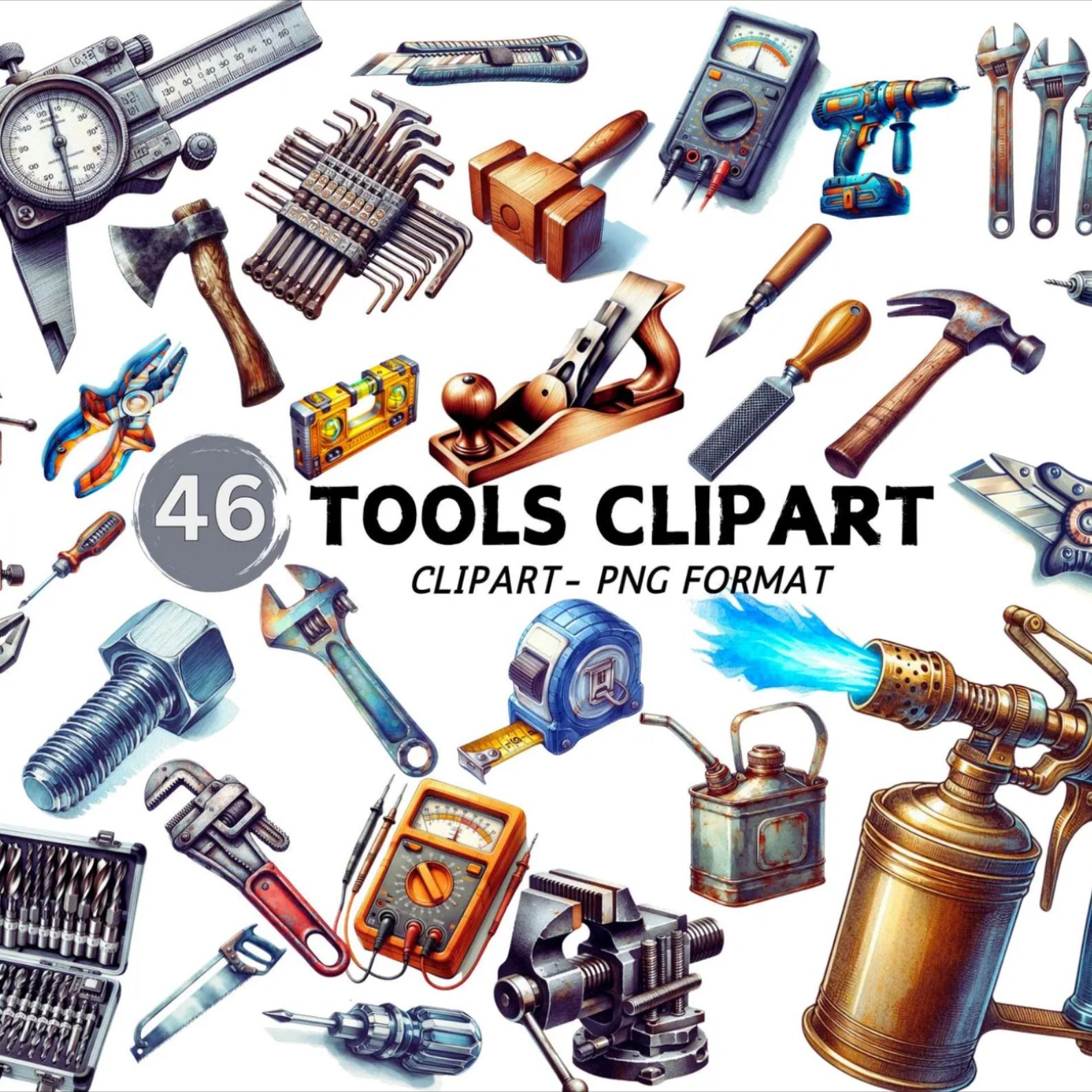 🛠️ 50% OFF Till June 28 — Watercolor Tools Clipart (46 PNGs)