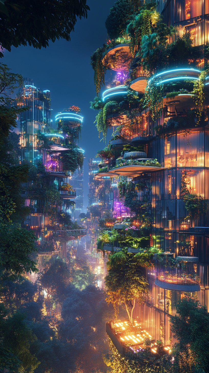 Futuristic Urban Landscape with Biophilic Skyscrapers and Smart Technology