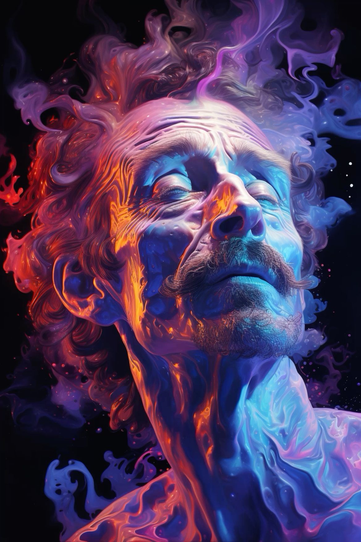 Blacklight poster painting of a man melting