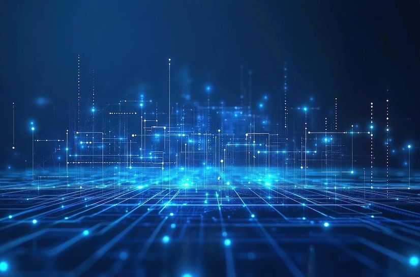 Blue technological background with geometric shapes and glowing lines dark blue gradient background | Premium AI-generated image