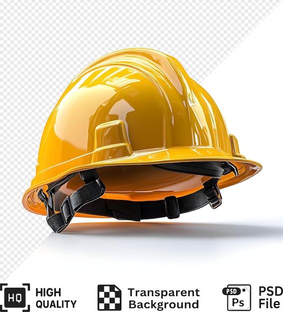 Glossy yellow hard hat with black chin strap isolated on transparent background