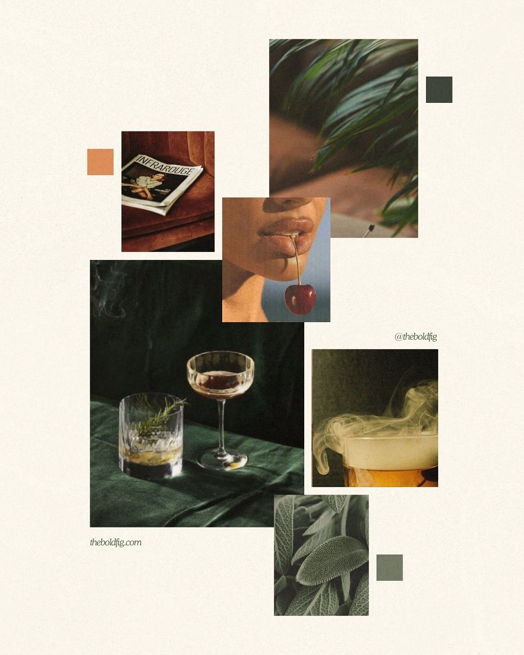 Retro, vintage-inspired mood board for cocktail lounges and mocktail artisan beverage brands