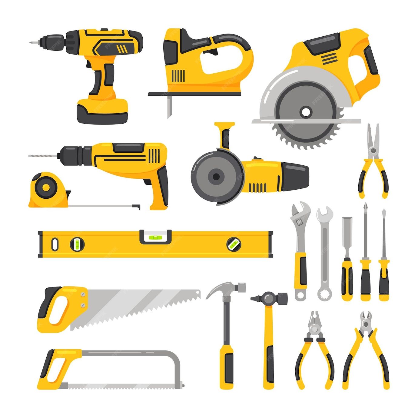 Power tools isolated on white background icons set professional electrical instruments cartoon vector illustration | Premium Vector
