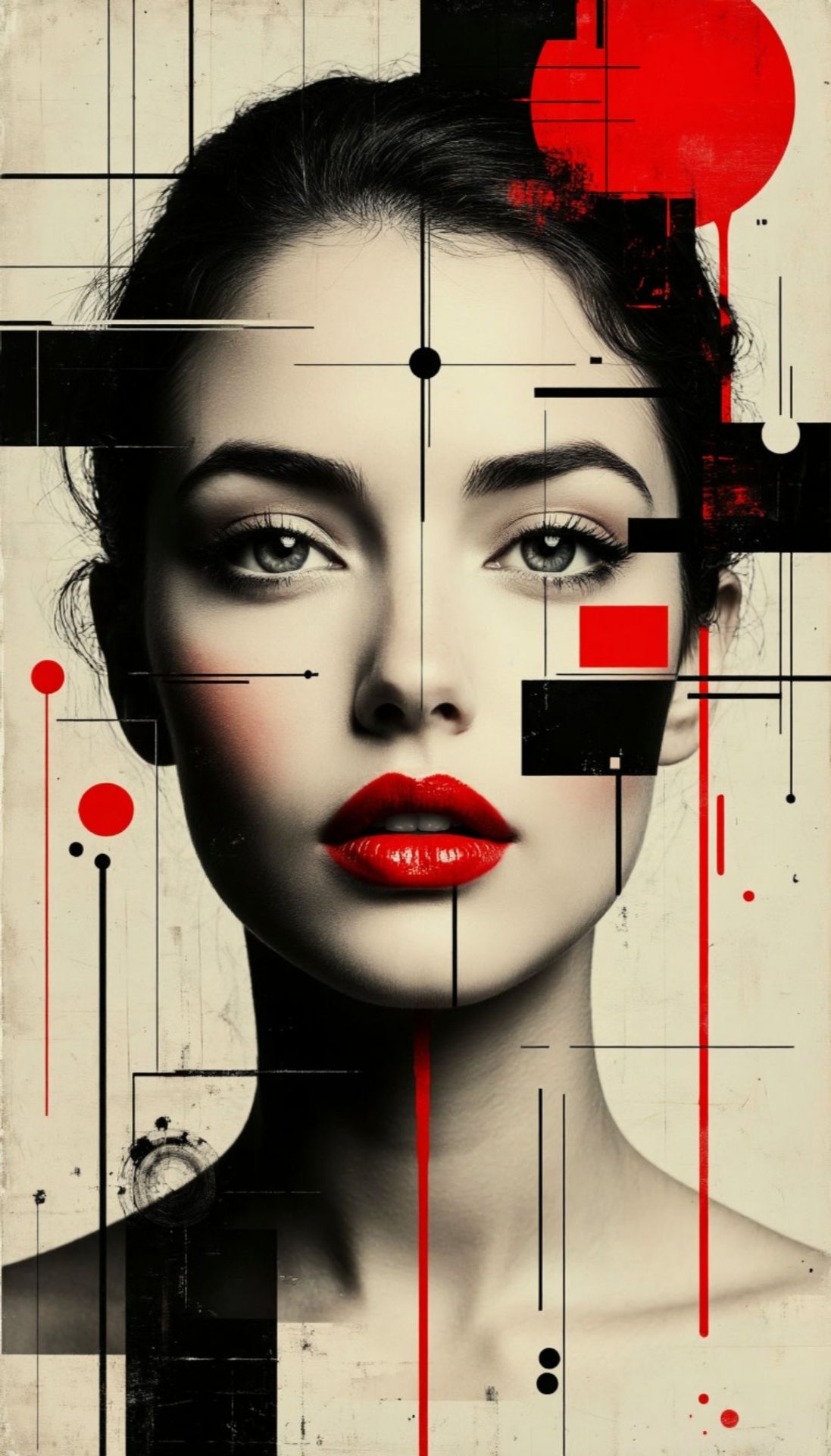Geometric Portrait Poster – Modern Abstract Woman Art in Black, White & Red