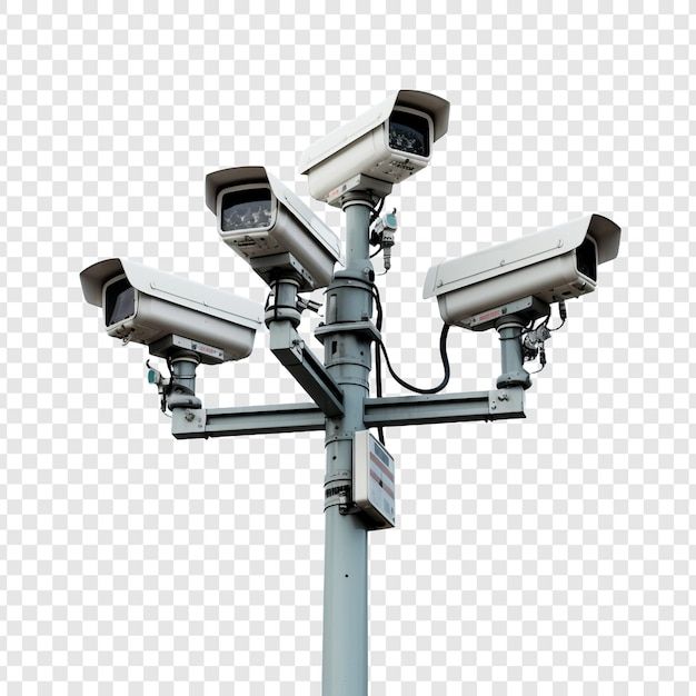 Cctv cameras on isolated poles in a tech setting isolated on transparent background | Premium AI-generated PSD