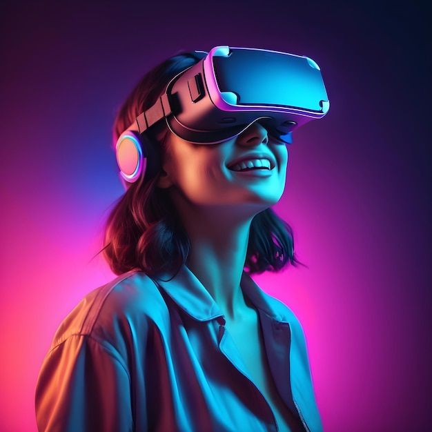 Photo of a happy woman with a vr headset in a retro tech neon background