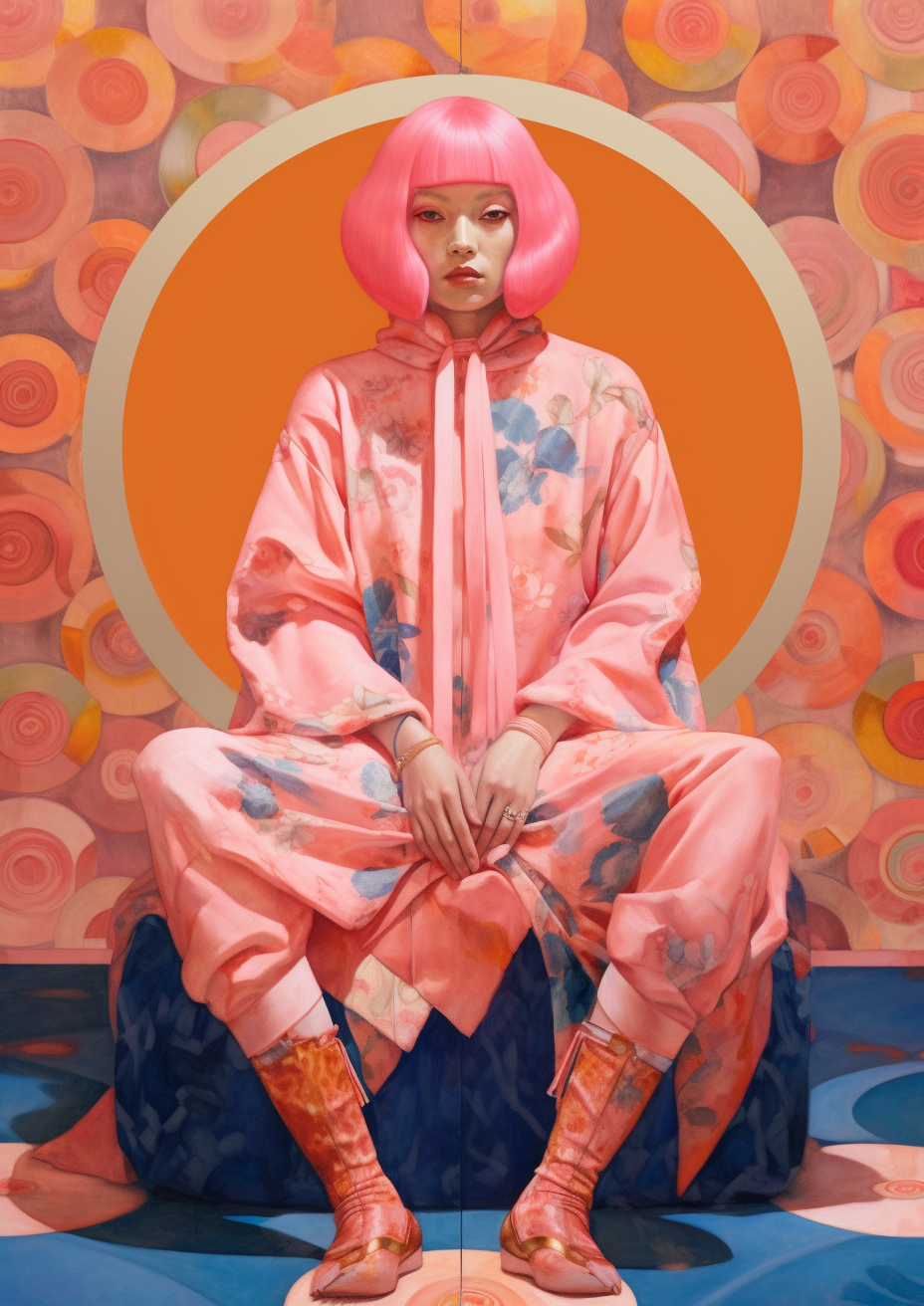 a painting of a woman with a pink wig