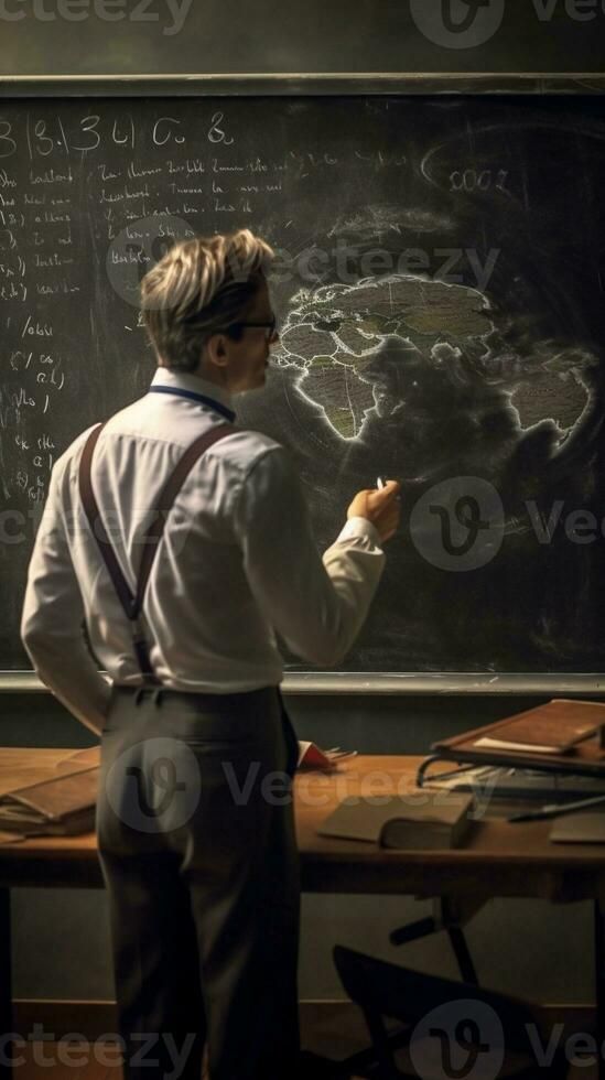 Social issues Handsome young man looking up on the chalk drawing on the blackboard, Gene