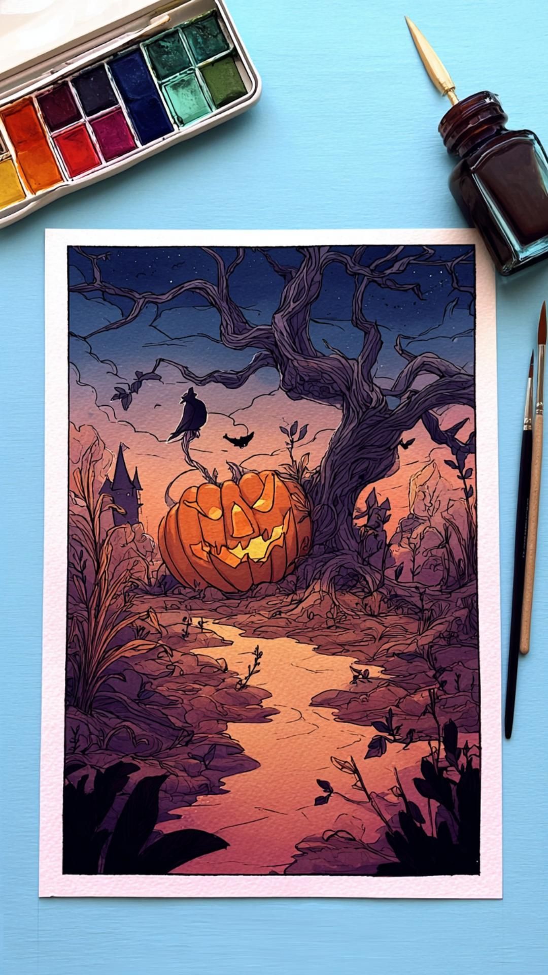 Pumpkin Patch at Dusk Halloween Watercolor to Spark Autumn Creativity