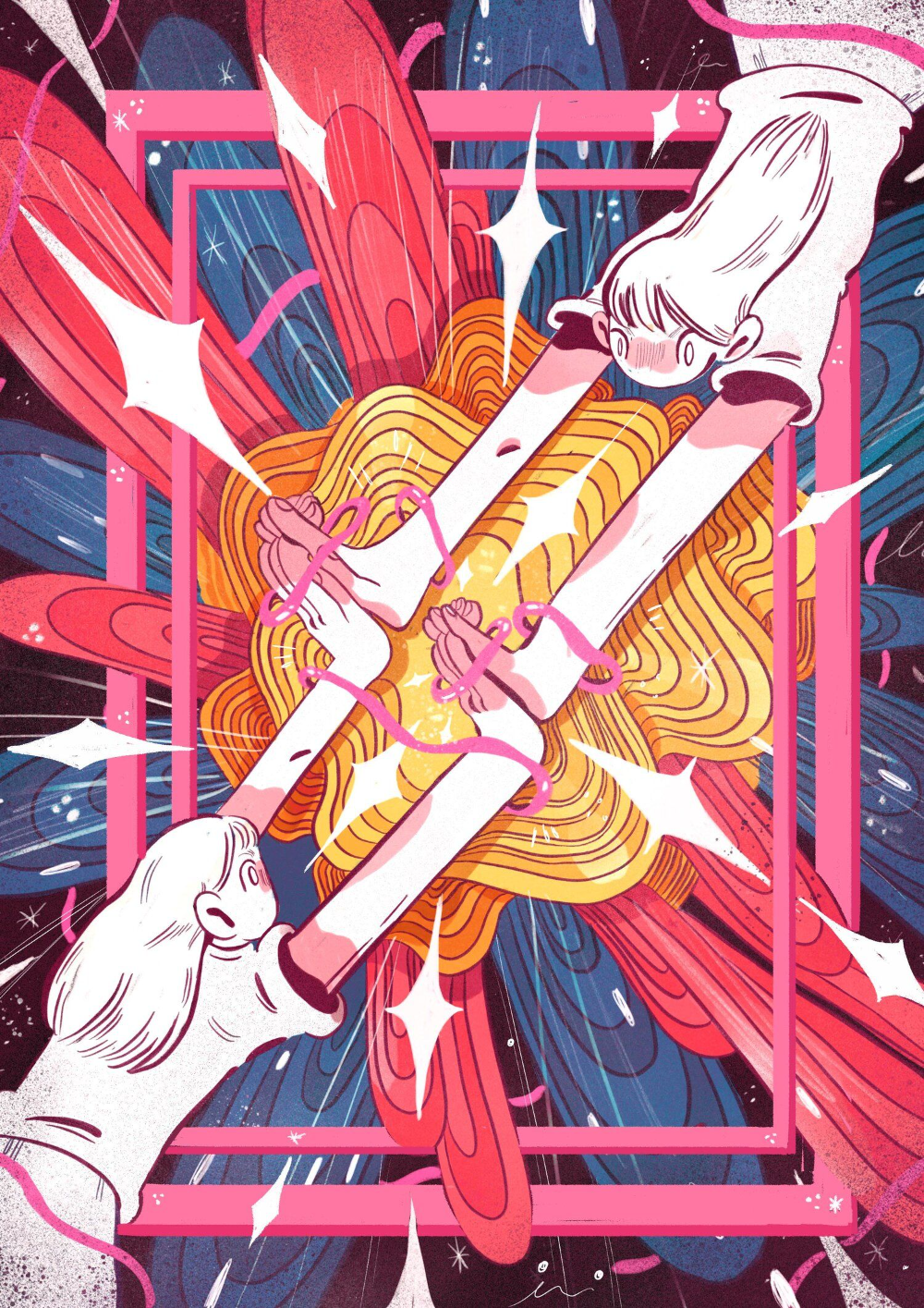 Illustrations by Katie Hicks that explore self-destructive tendencies and creative burnout