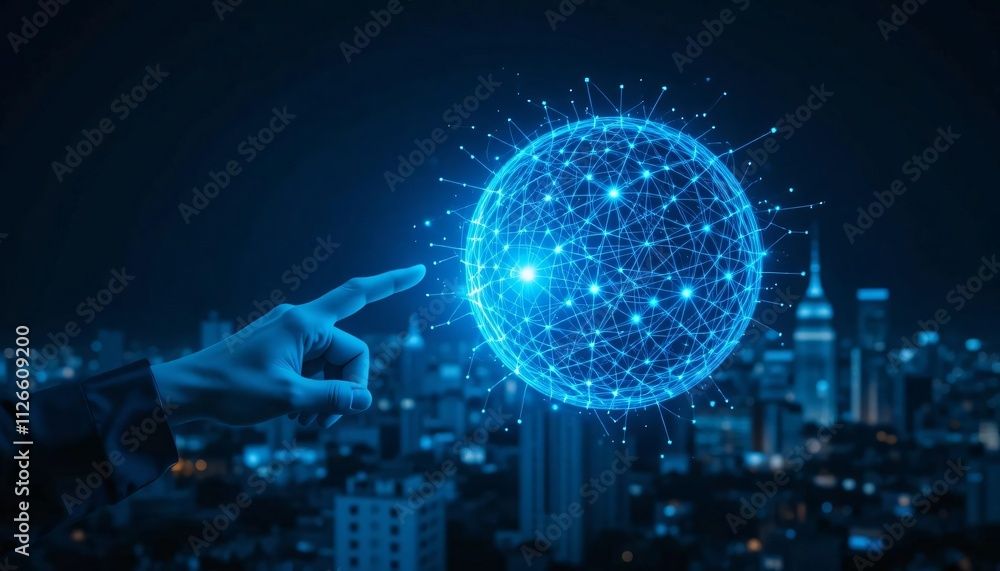 Futuristic Technology Network Sphere with Finger Pointing Interaction, Generative AI Stock Photo | Adobe Stock
