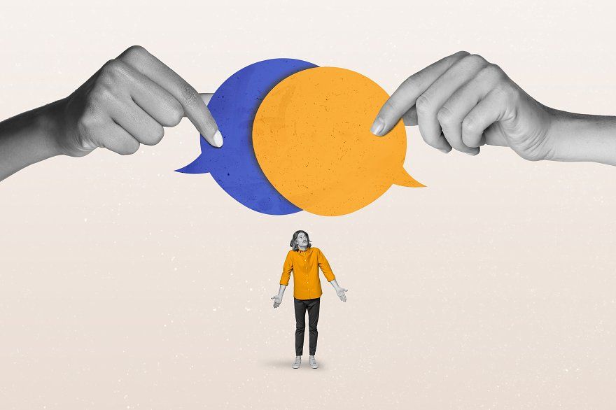 Composite collage illustration of small clueless guy shrug shoulders look two big arms hold dialogue bubble