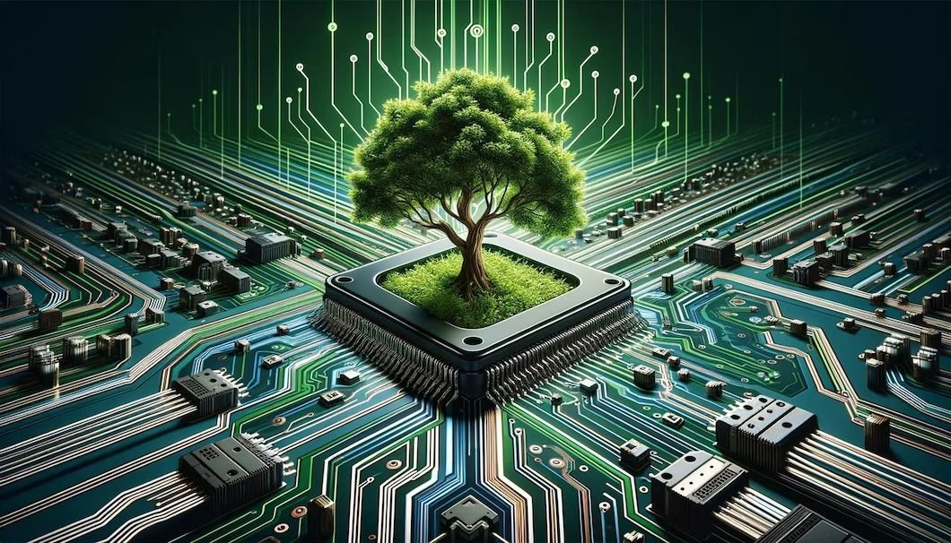 An illustration showing a tree growing on the converging point of a computer circuit board | Premium AI-generated image