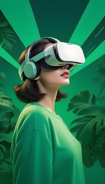 Woman using vr headset on green bold and colorful eco design collage | Premium AI-generated image
