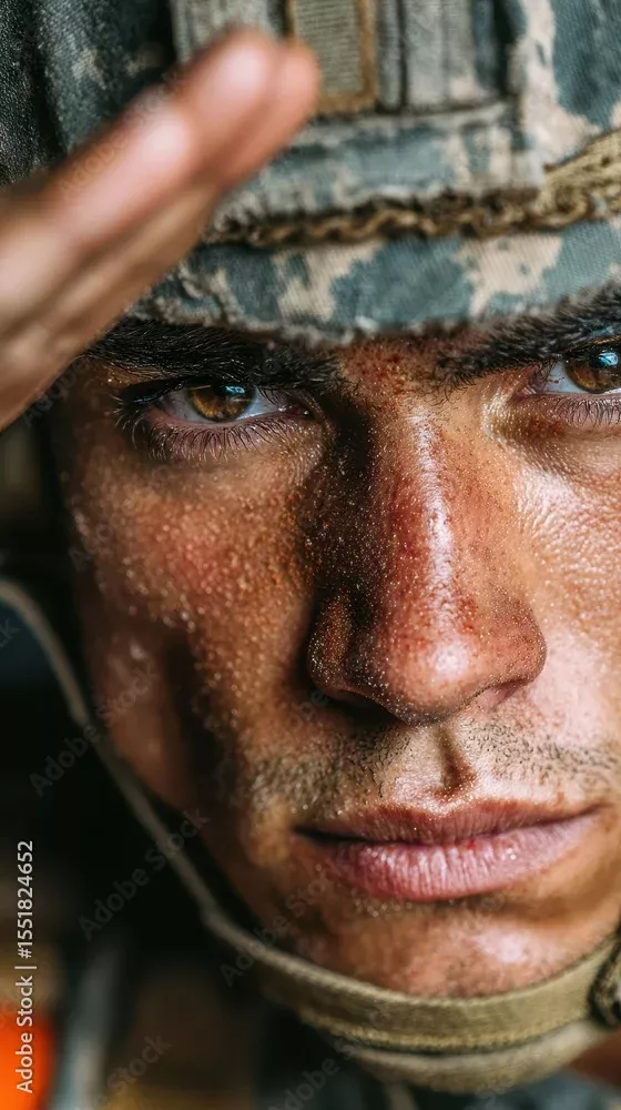 Soldier salutes with determination and focus during training session at military base Stock Photo | Adobe Stock