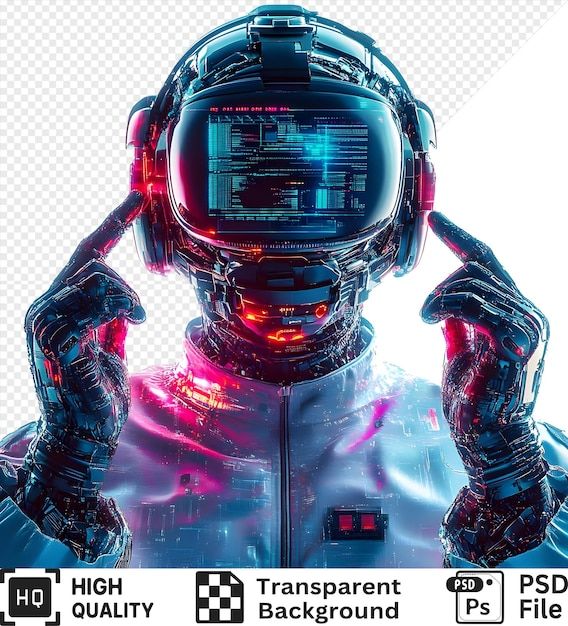 Futuristic Cyborg Wearing a Helmet with a Digital Interface Display Isolated on a Transparent Backg