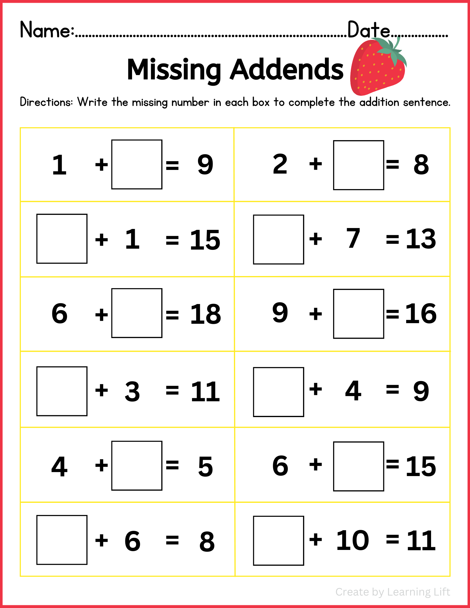 Missing Addends Worksheets (Numbers 1-20) for Kindergarten-1st Grade-2nd Grade