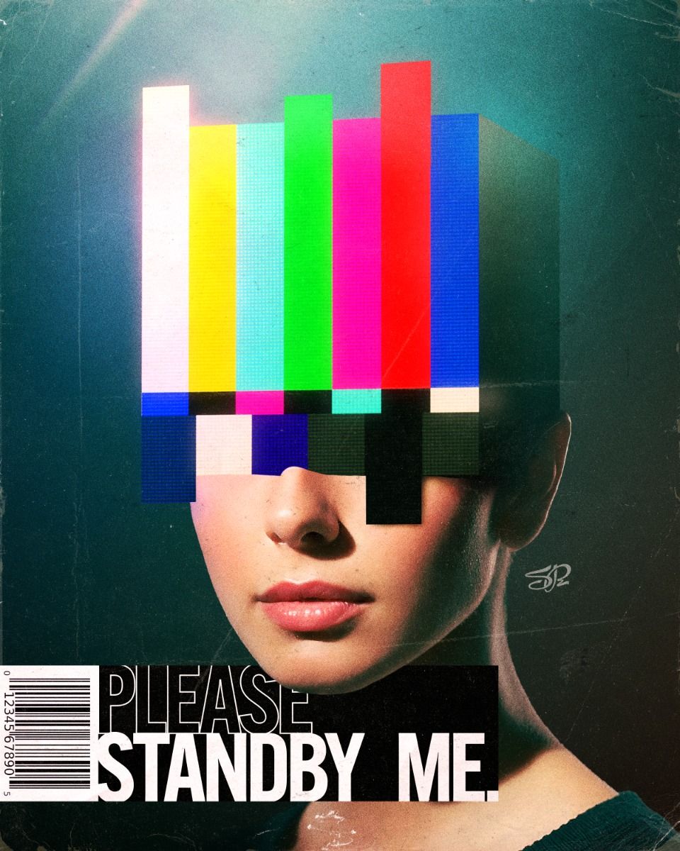 Surrealism Graphic Design Poster | Retro TV Error Over Woman’s Face Art