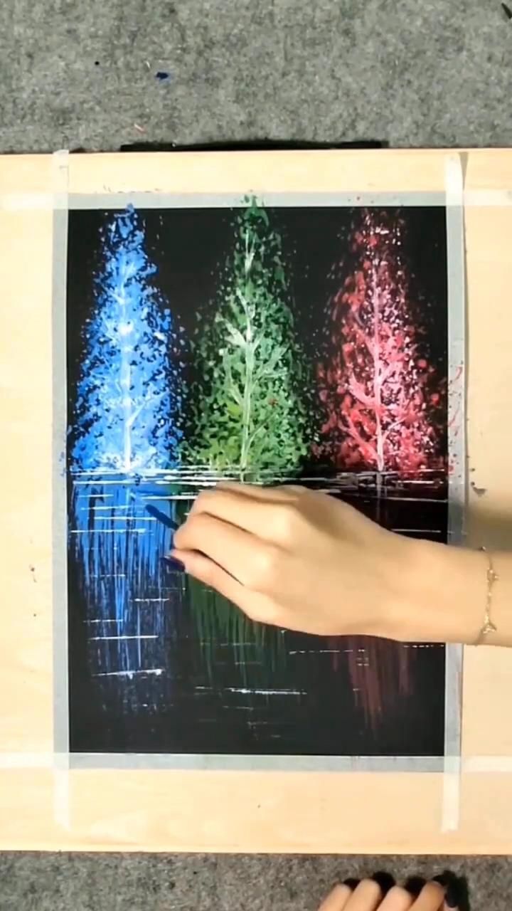 How to paint easy step by step? | Asdam Art Multi-colored pine trees reflected in the water