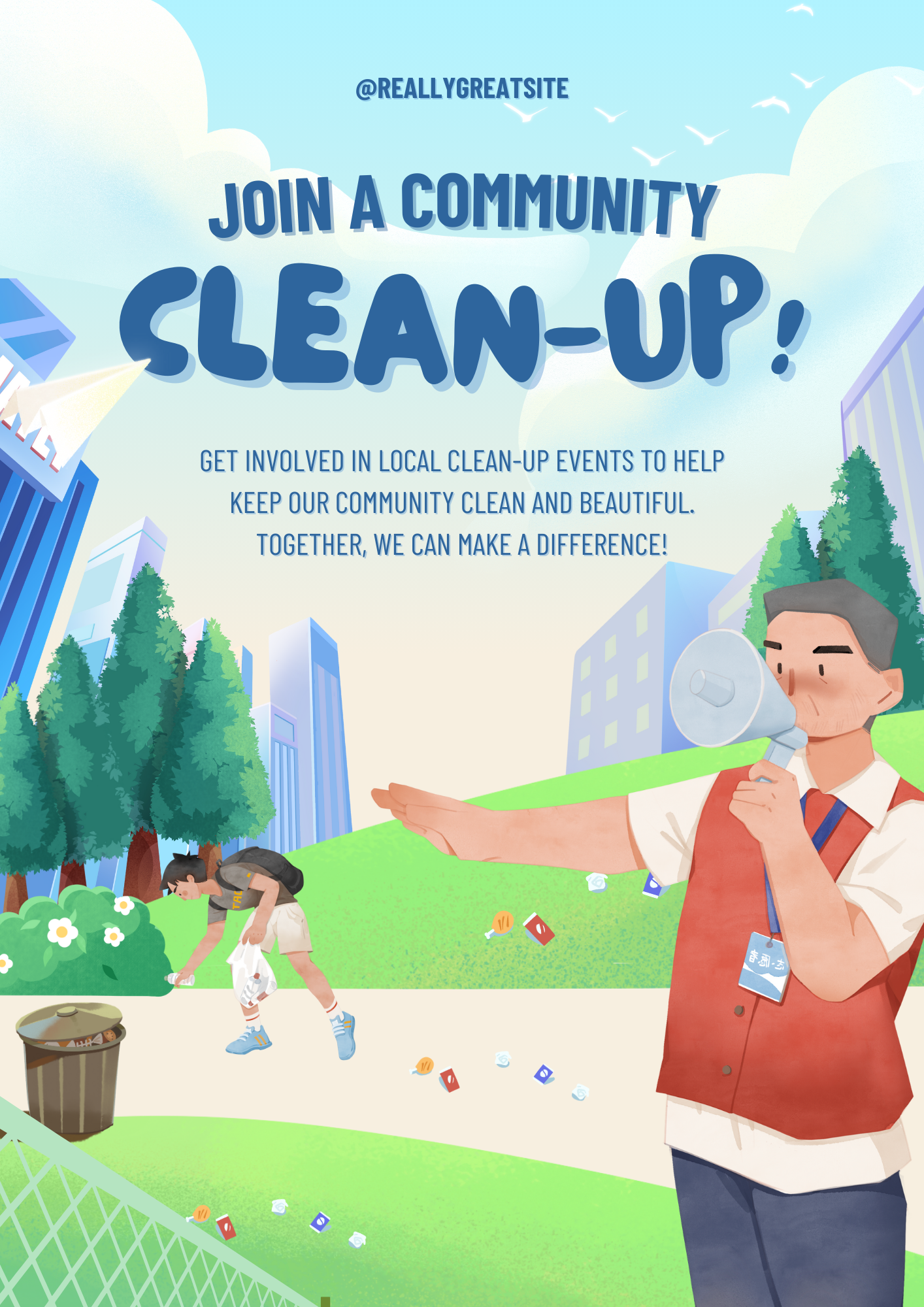 Green and Blue Illustrative Clean up Campaign Poster