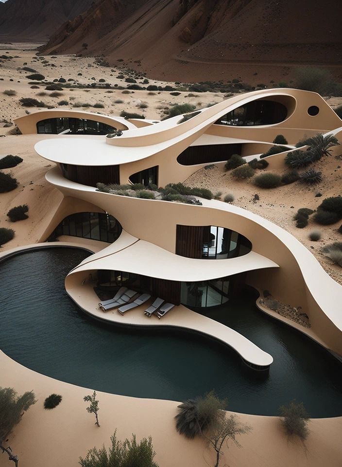 Perfect architecture house, unreal shape fantastic design and water pool in desert