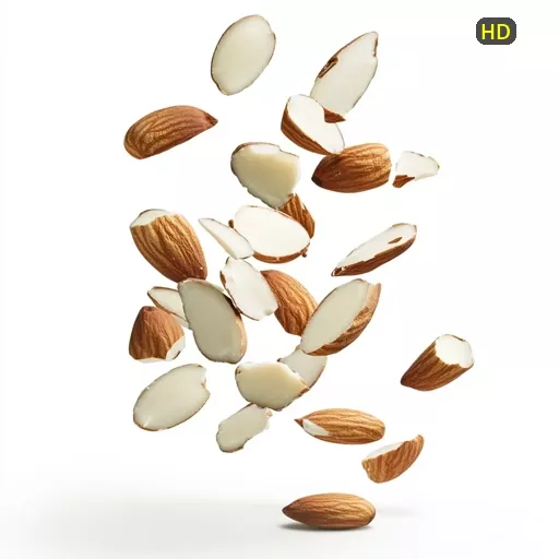 Midjourney: Scattered almonds in motion, textures and colors highlighted.
