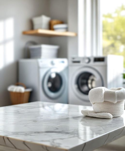 Tabletop with blurred laundry room background backdrop for detergents products display | Premium AI-generated image