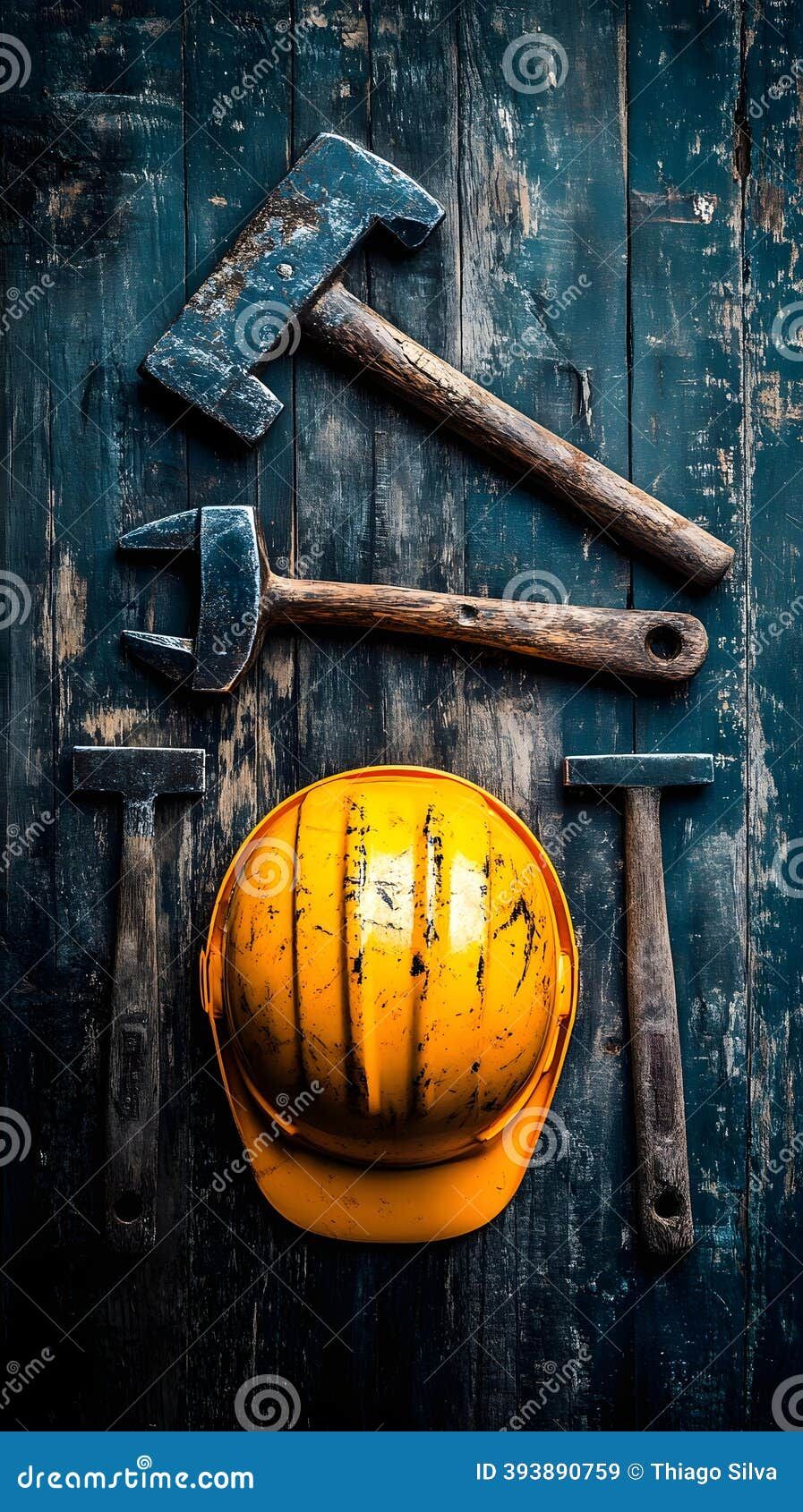 Construction tools and hard hat on wooden surface, ai generated