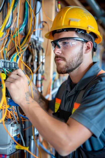Professional electrician repairing electrical wiring holding pliers safety helmet indoors workspace | Premium AI-generated image