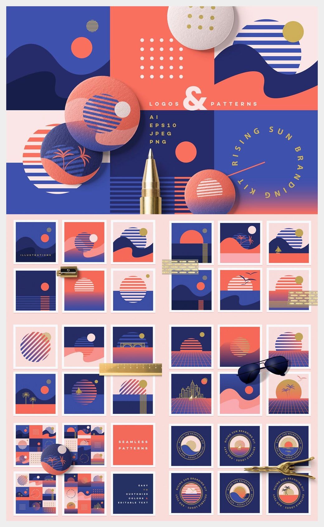 Rising Sun Branding Kit – illustrations, seamless patterns, seamless textures