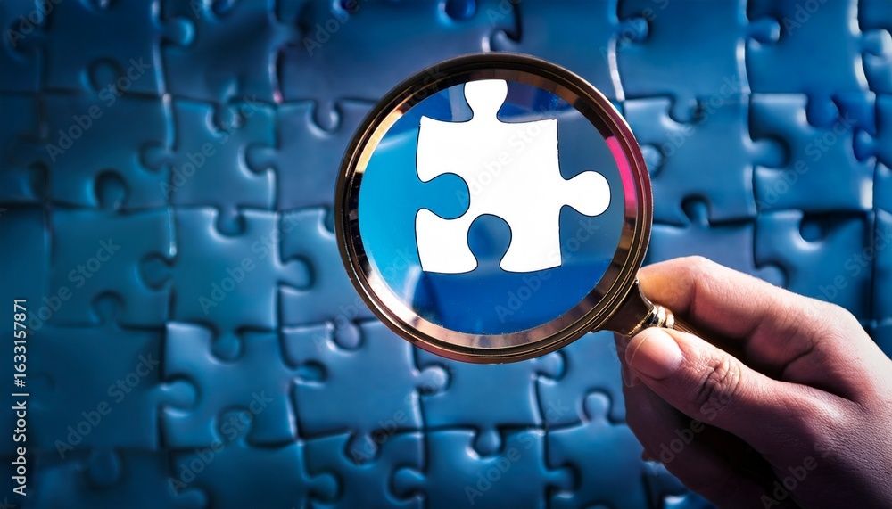 Puzzle Piece Elevated with Magnifying Glass Over Complex Puzzle Background