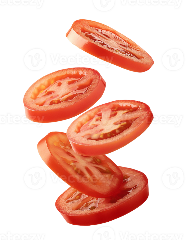 creative photo of fresh tomato slices floating on a transparent background