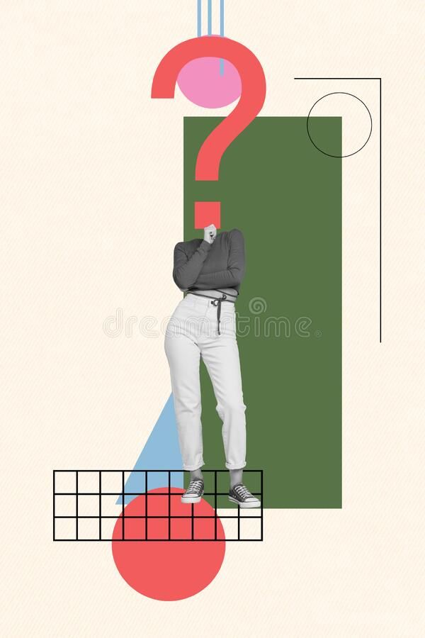 Vertical collage picture of mini black white effect girl huge question mark instead head