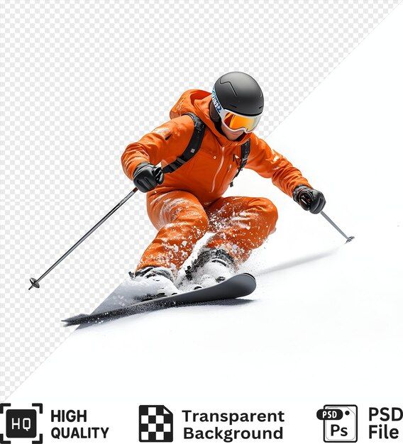 Skier in orange suit carving down snowy slope with ski poles isolated on a transparent background