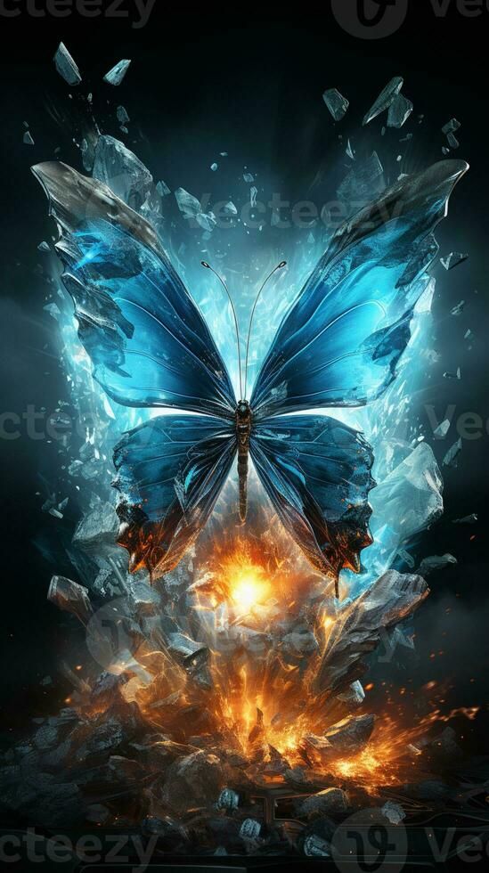 there is a blue butterfly with a flame in the middle of it. generative ai.