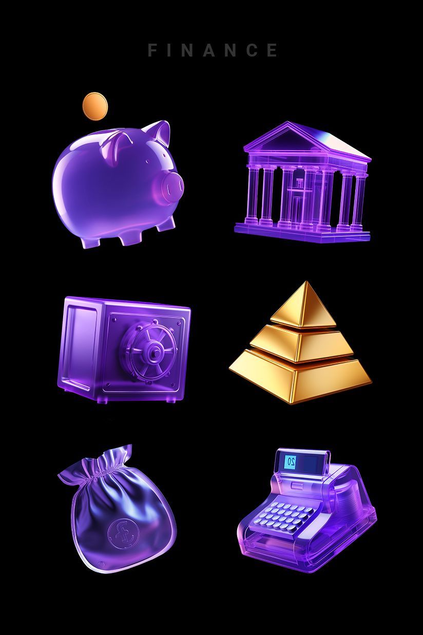Finance icons set. Banking, investments, trendy plastics bank icons